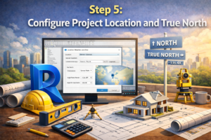 3D illustration showing site orientation and north direction setup with a location settings window, compass, and city map