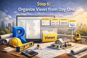 3D illustration showing an organized project browser with grouped floor plans, sections, elevations, and 3D views