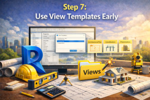 3D illustration showing a design workspace with view style presets applied to plans, coordination views, and presentation layouts