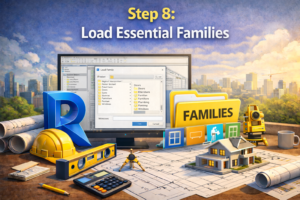 3D illustration showing a design workspace with a library window open and categorized building components ready to be added
