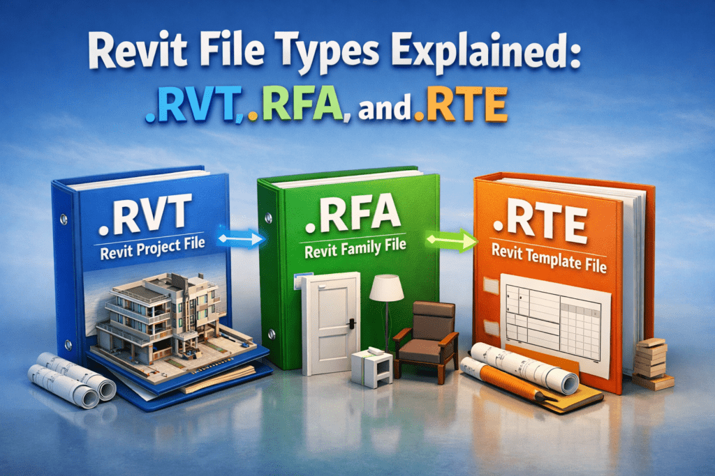 3D illustration explaining Revit file types including RVT project file, RFA family file, and RTE template file