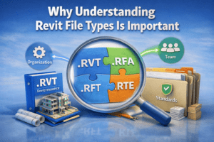 3D illustration showing why understanding Revit file types like RVT, RFA, and RTE is important for BIM workflow