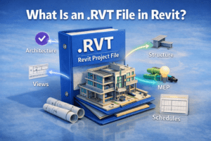 3D illustration explaining what an RVT file is in Revit, showing a Revit project file with architecture, structure, and MEP