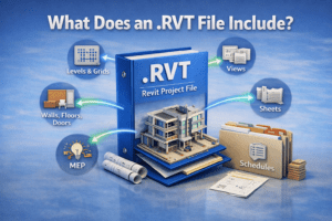 3D illustration showing what an RVT file includes in Revit, such as levels, views, sheets, families, and building elements