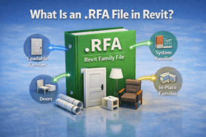 3D illustration showing a Revit family file with doors, furniture, and different family types connected to a central file