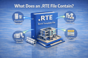 3D illustration showing a project template with standard settings, predefined views, sheets, and organized content
