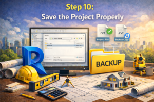 3D illustration showing a design workspace with a save dialog open, project file icons, and a backup folder