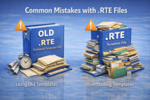 3D illustration showing template management mistakes such as outdated setup files and overly cluttered templates