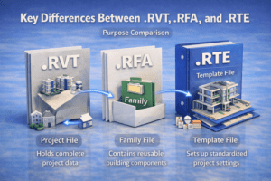 3D comparison showing the roles of a project file, a reusable component file, and a template used for standardized setup
