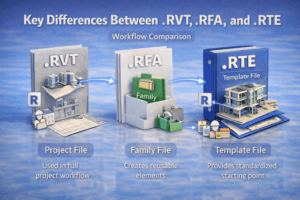 3D illustration showing how project files, reusable components, and templates interact within a typical modeling workflow