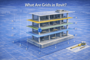 Isometric 3D building illustration showing intersecting reference lines labeled with letters and numbers across multiple floors