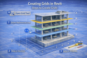 Isometric 3D illustration showing reference lines being drawn across a multi-story building with lettered and numbered markers