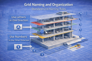 Isometric 3D illustration of a multi-story building showing lettered markers in one direction and numbered markers in the perpendicular direction