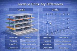 Side-by-side 3D illustration showing a multi-story building with stacked horizontal planes on the left and intersecting lettered and numbered reference lines on the right