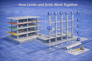 Isometric 3D illustration showing a multi-story building coordinated with intersecting lettered and numbered reference markers connected to columns and floor planes