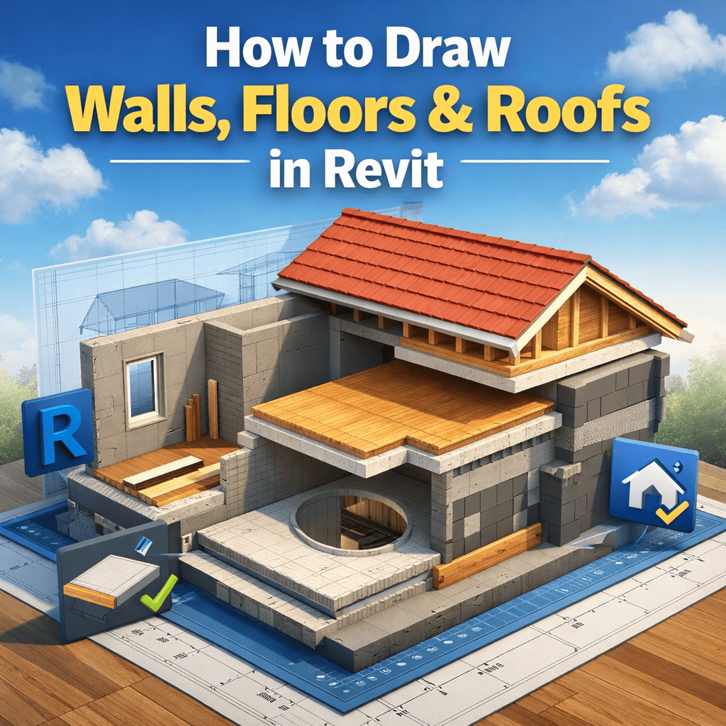 3D Revit building model showing walls, floors, and roof construction in an architectural workflow