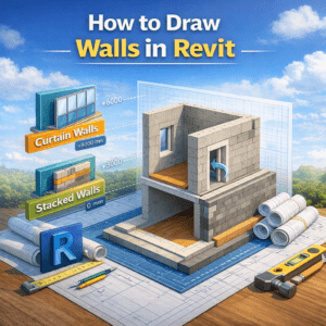 3D building model showing vertical partitions with different construction styles on a blueprint base
