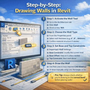 3D instructional illustration showing a construction setup with software interface, settings panels, and step indicators