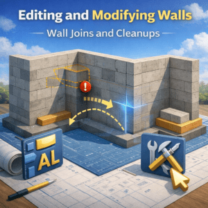 3D construction illustration showing intersecting masonry elements with alignment corrections highlighted
