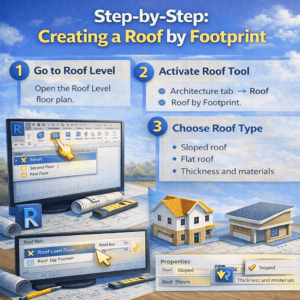3D step-based illustration showing an upper-level setup process with software interface and type selection