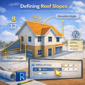 3D architectural illustration showing an upper building surface with directional measurements and numeric ratios