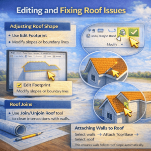 3D instructional infographic showing shape adjustments, intersection alignment, and element attachment in a building model