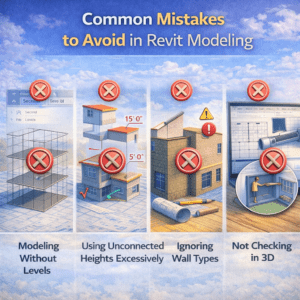 3D instructional infographic highlighting common workflow errors in a digital building design process