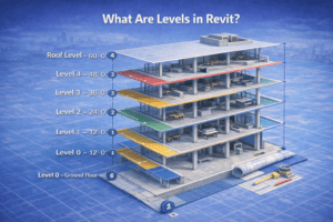 3D illustration showing Revit building levels with color-coded floors and elevation markers in an isometric view