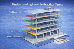 Isometric 3D illustration of a multi-story building showing stacked reference planes with labeled floor heights and attached structural elements