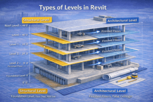 3D building illustration comparing structural and architectural floor reference planes using color-coded layers