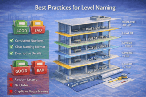 3D illustration showing a multi-story building with clearly labeled floor identifiers arranged in a consistent and readable order