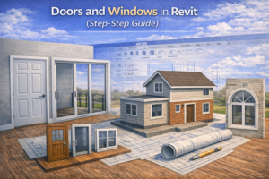 3D illustration showing doors and windows modeled in Revit with a residential house, blueprint layout, and Revit interface in the background