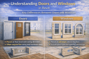 3D comparison showing key differences between doors and windows in Revit, with doors placed at floor level and windows set at sill height in wall sections