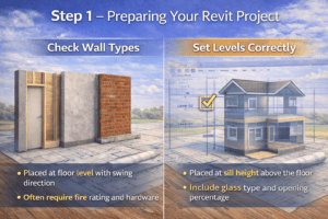 3D illustration showing project setup steps with wall construction types on one side and building levels aligned correctly on the other