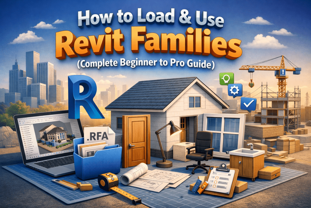3D illustration showing how to load and use Revit families, featuring a Revit model, RFA files, doors, windows, furniture, and building components for beginners to professionals