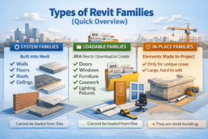 Types of Revit families 3D diagram showing system families, loadable families with RFA files, and in-place families with examples in Autodesk Revit