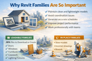 Why Revit families are important 3D illustration showing clean Revit model benefits versus problems like slow models, incorrect drawings, and rework