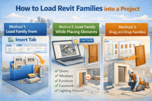 How to load Revit families into a project 3D illustration showing loading from Insert tab, loading while placing elements, and drag and drop method"