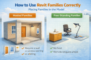 How to use Revit families correctly 3D illustration comparing hosted families that require walls or ceilings with free-standing families that do not need a host