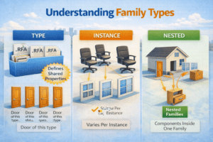 Understanding family types in Revit shown with a 3D illustration comparing system families, loadable families, and in-place families