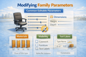Modifying Revit family parameters 3D illustration showing editable dimensions, materials, visibility, text labels, and constraints