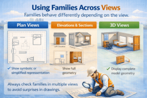 Using Revit families across views 3D illustration showing plan views with symbolic representation, elevations and sections with full geometry, and complete 3D views