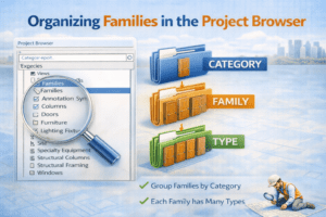 Organizing Revit families in the Project Browser 3D illustration showing category, family, and type hierarchy in Autodesk Revit