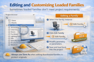 Editing and customizing loaded Revit families 3D illustration showing selecting a family, editing parameters, modifying geometry, and loading back into the project