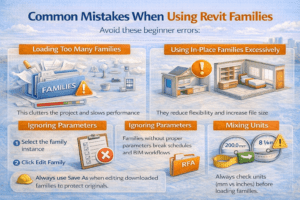 Common mistakes when using Revit families 3D infographic showing loading too many families, excessive in-place families, missing parameters, and mixing units
