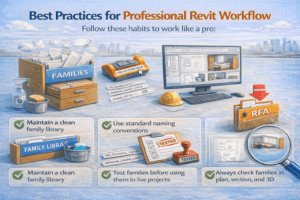 Best practices for professional Revit workflow 3D infographic showing clean family library, naming conventions, testing families, quality control, and checking views