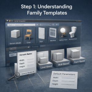 3D illustration showing Revit Family Templates window with Generic Model, Door, Window, and Furniture options