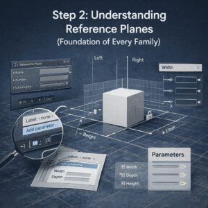 3D illustration of Revit reference planes controlling a parametric cube with width, depth, and height dimensions