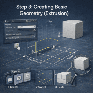 3D illustration showing Revit extrusion process with sketch profile and height parameter