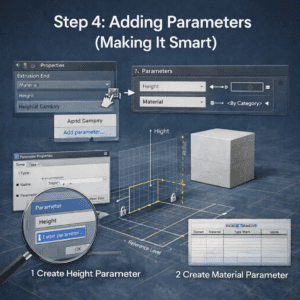 3D illustration showing adding height and material parameters in Revit Family Editor